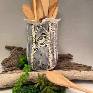 Kitchen utensil holder/chickadee art/chickadee bird/wine chiller/birch trees/birch tree art/spoon rest/spoon holder/kitchen tool caddy/vase