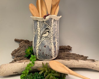 Kitchen utensil holder/chickadee art/chickadee bird/wine chiller/birch trees/birch tree art/spoon rest/spoon holder/kitchen tool caddy/vase