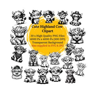 20x Cute Highland Cow Clipart Bundle | Highland Cow SVG, PNG, JPG | Baby Cow svg | Black & White Farm Animal Graphics | Cow Sublimation png