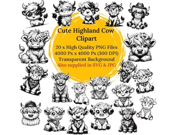 20x Cute Highland Cow Clipart Bundle | Highland Cow SVG, PNG, JPG | Baby Cow svg | Black & White Farm Animal Graphics | Cow Sublimation png