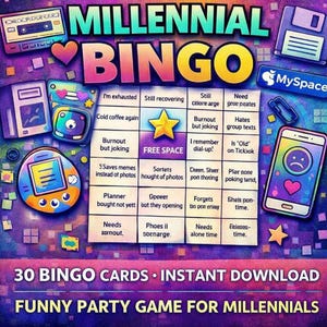 以下が含まれることがあります： 紫とティールの背景に、カラフルなミレニアル世代のビンゴカード。カードには、「Cold coffee again」や「Hates group texts」などのレトロな技術グラフィックとフレーズが使用されています。「30 Bingo Cards - Instant Download」というテキストも表示されています。