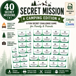Puede incluir: Un juego imprimible Secret Mission Camping Edition que incluye 40 tarjetas de desafío con bordes de bosque verde y fondos blancos. Las tarjetas contienen textos para actividades de camping, con iconos de árboles, una fogata y una cámara.