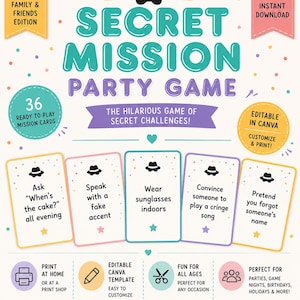 May include: A vibrant party game design titled "Secret Mission Party Game." The image showcases cards with fun challenges, including "Speak with a fake accent." The design includes icons and text promoting customisation and instant download for parties and events.