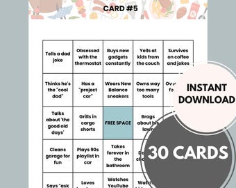 Dad Bingo Printable Game – Father's Day Activity, 30 Cards (Instant Download)