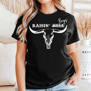 Raisin&#39; Hell Boys Cowboy Sweatshirt, Western Skull Outfit, Rustic Country Style Tee, Perfect for Ranch Wear, Gift for Western Fans