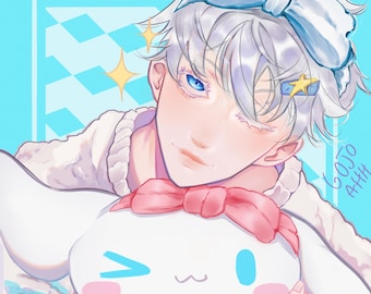 May include: A digital illustration of a character with white hair, a white headband, and a yellow star hair clip, holding a white plush toy with a pink bow, blue eyes, and a winking expression. The text GOJO AHH is visible on the right side.