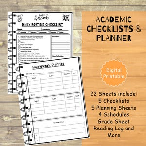 May include: Academic checklists and planner with a daily routine checklist and homework planner. The image includes the text "You Got This!", "Be Great", and "I Can Do This". The digital printable includes 22 sheets with checklists, planning sheets, schedules, and more.
