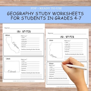 Maps of the USA Worksheets, Geography Worksheets For 4th-7th Grade, USA State Map Study, Homeschool Geography, State Maps Activity Sheets