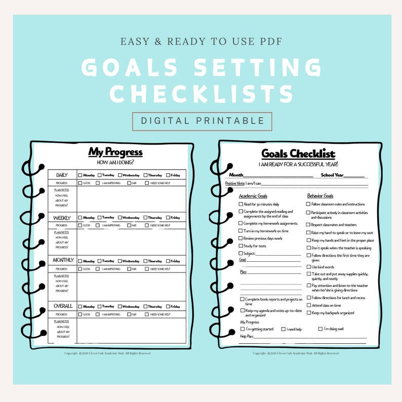 Goal Setting for Kids, Goals Checklist Worksheet for Elementary and ...
