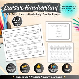 May include: A cursive handwriting practice workbook featuring 130+ activity pages with alphabet practice, writing cues, and words. The pages display lines for tracing letters and sentences like I almost missed the bus and We almost lost the contest.