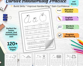 May include: A cursive handwriting practice worksheet set featuring 120+ pages with alphabet tracing, English-Spanish vocabulary, and progress monitoring. The pages show letters A through F with illustrations like an apple, dog, and frog.