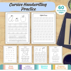 May include: A set of 60 cursive handwriting practice pages featuring letter formation, words, and phrases. The worksheets include alphabet reviews, tracing guides for uppercase and lowercase letters, and illustrations like an apple. Text includes Cursive Handwriting Practice, 60 handwriting pages, Alphabet Review, apple, manzana, Print Ready, Letter Formation, Words & Phrases, and Progress Monitoring.