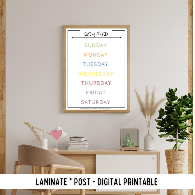 Days of the Week Chart Printable, Minimalist Kids Learning Poster ...