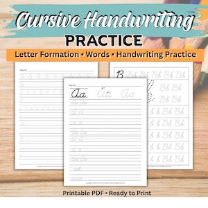 May include: Three white printable PDF pages for cursive handwriting practice featuring letter formation exercises for letters A, B, and C. The sheets include lines for tracing and writing words like ask and aunt, with clear headings for practice.