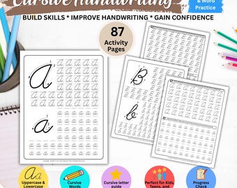 May include: Cursive handwriting practice sheets featuring 87 activity pages with uppercase and lowercase letter tracing exercises. The pages include instructional guides for writing letters A and B, along with rows of dotted lines for repetitive practice.