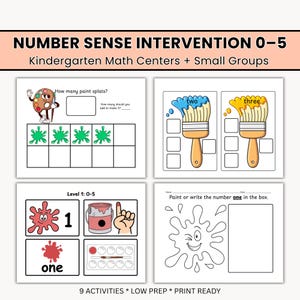 May include: Educational math worksheets titled Number Sense Intervention 0-5 for kindergarten. The pages feature colorful illustrations of paint splats, brushes, and paint cans with text prompts for counting, writing numbers, and basic addition exercises.