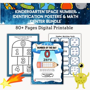 May include: A digital printable bundle featuring space-themed kindergarten number identification posters and maths centre activities. The set includes 80+ pages with a hopscotch number mat, number matching cards, and a number of the day worksheet.