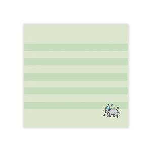 May include: A square notepad with alternating light green and pale green horizontal stripes. In the bottom right corner, there is a small illustration of a gray hippopotamus wearing a blue wizard hat, surrounded by tiny yellow stars and blue shapes.