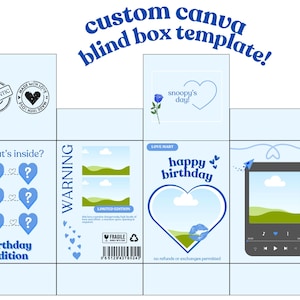 Puede incluir: Una plantilla de caja ciega Canva personalizada de color azul claro con varios diseños. Incluye un corazón con el texto "snoopy's day!", un diseño en forma de corazón con "happy birthday" y un smartphone con un paisaje. Incluye el texto "what's inside?" y "birthday edition".