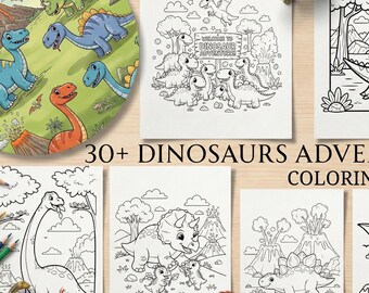 Puede incluir: Una colección de páginas para colorear con temática de dinosaurios. Las páginas presentan varios dinosaurios, volcanes y paisajes. El título "30+ DINOSAURS ADVENTURE COLORING PAGES" se muestra en el centro. Lápices de colores y dinosaurios de juguete están esparcidos alrededor de las páginas.