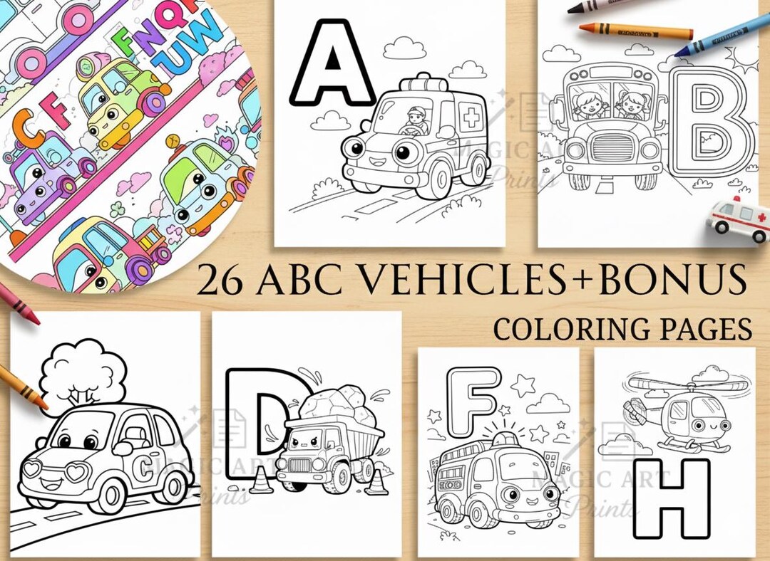 ABC Vehicles Coloring Book | 26 Transportation Pages + Bonus Games ...