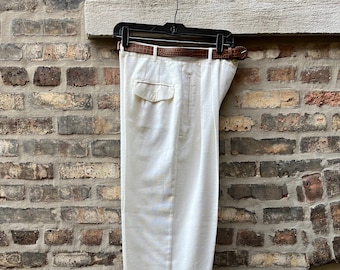 80s high waist trousers , slacks , pants , white , belt included , pleated waist , tapered leg , womens , vintage clothing , nos deadstock