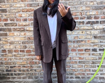 1980s brown corduroy suit ,  2 piece suit   , blazer and slacks , chocolate brown , vintage menswear , gender neutral