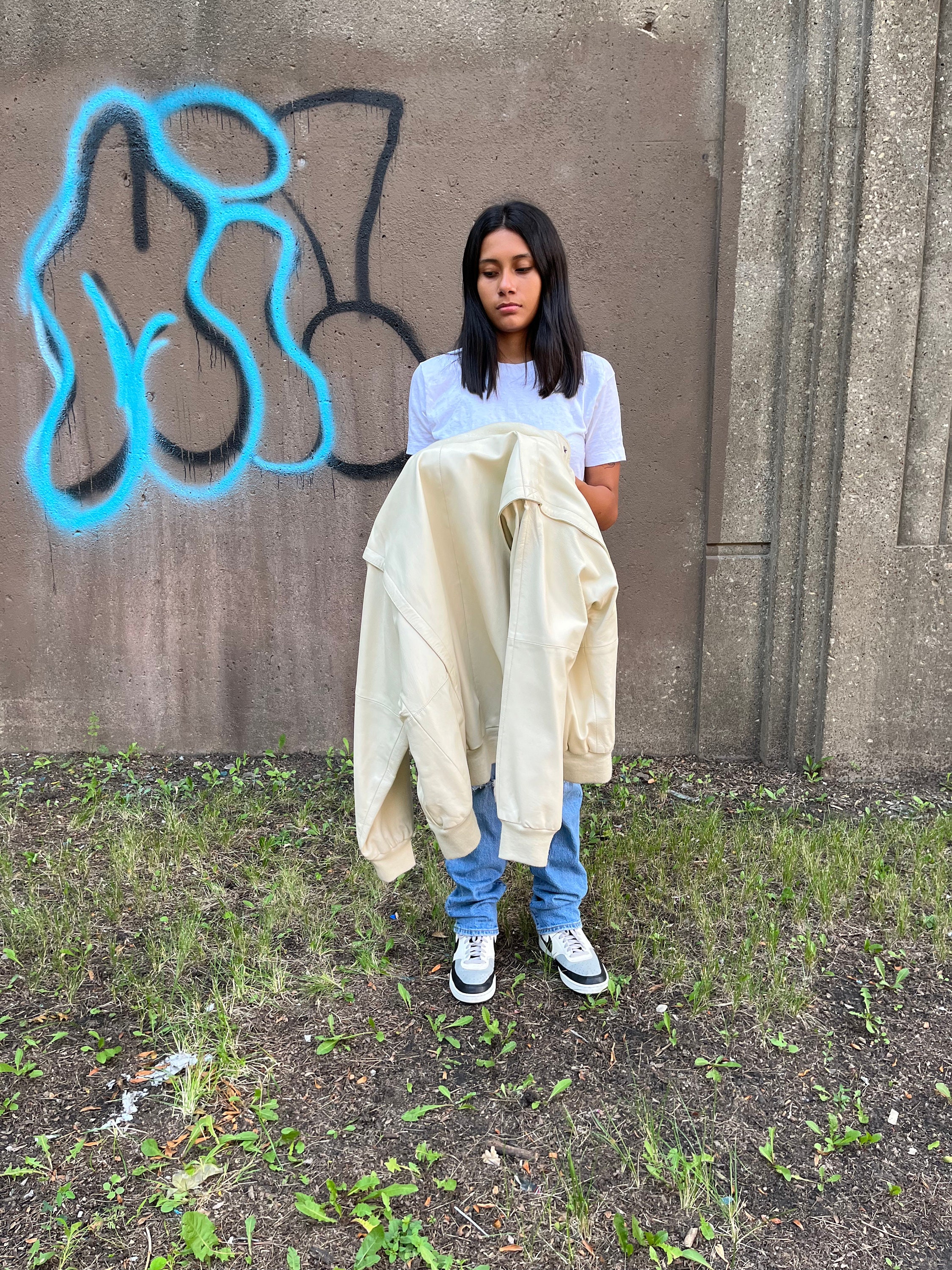 Vintage 1980s White Leather Jacket , Bomber Style , Vintage