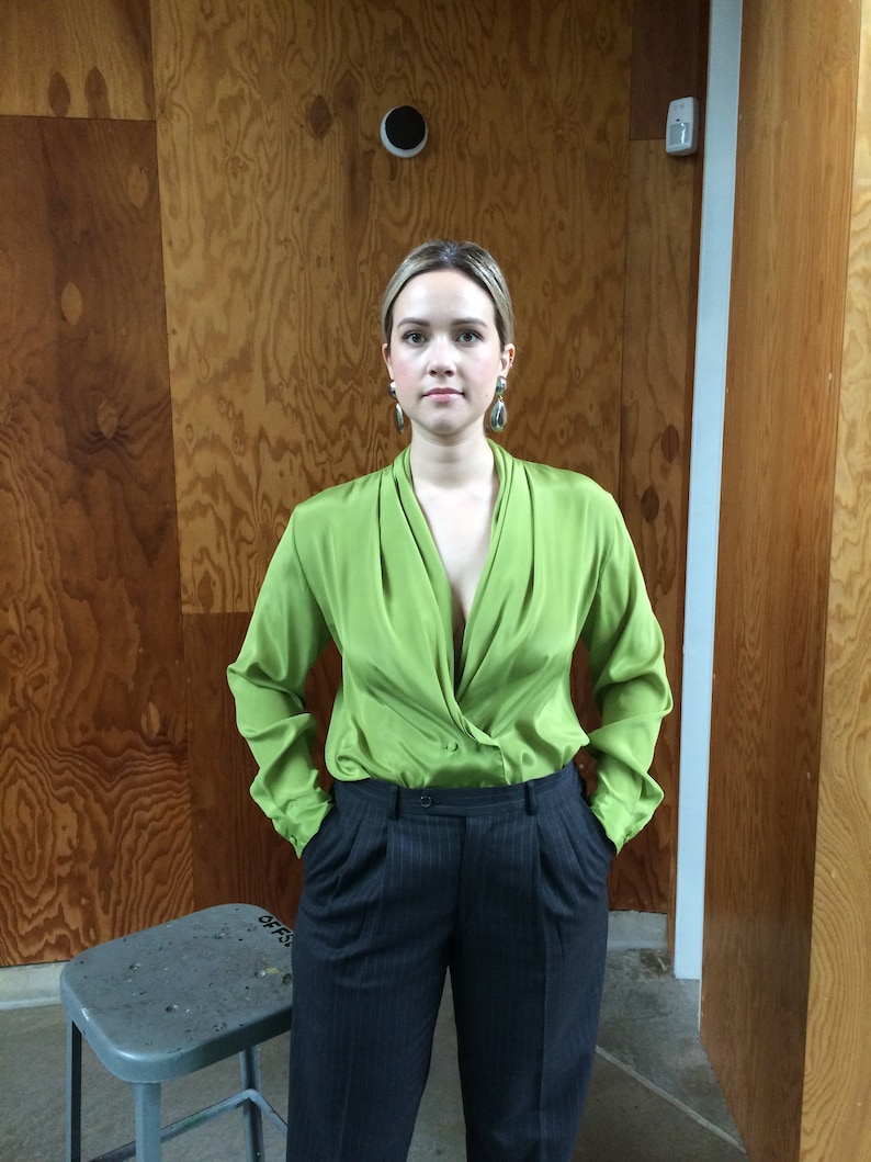 womens top minimalist deep v neckline plunging neckline 1990/'s blouse green shirt colorblock