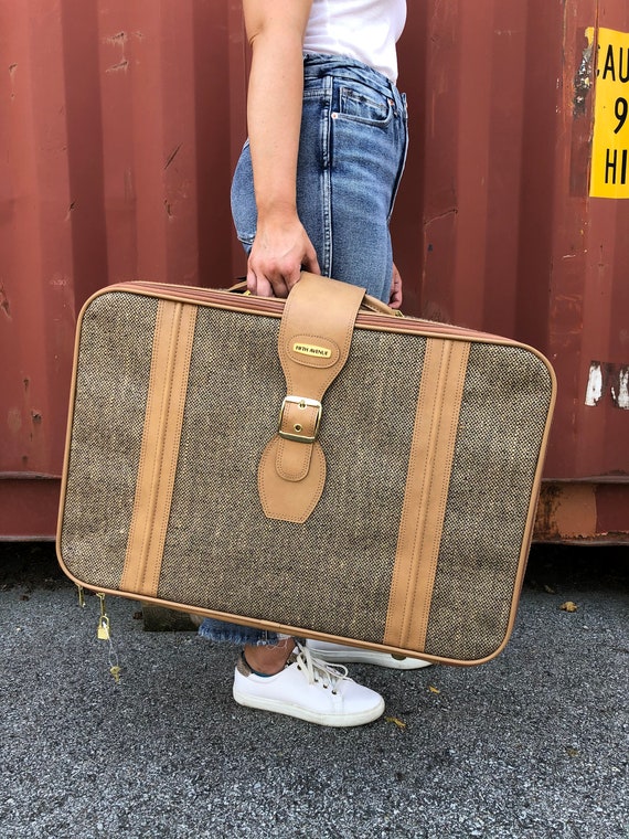 1980s Tweed Suitcase Large Size Luggage 