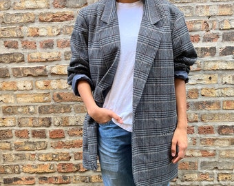 80s plaid blazer , jacket , oversized loose fit , shoulder pads , vintage outerwear , womens