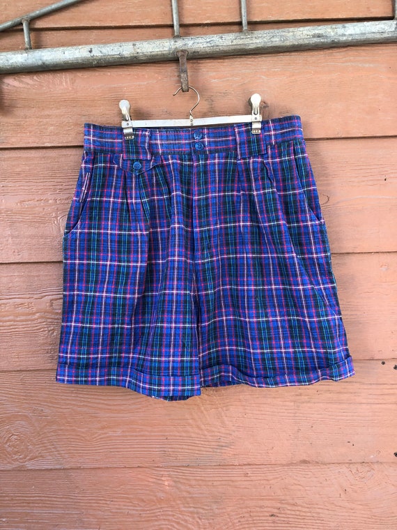 1980s plaid shorts , high waist short , pleated sh