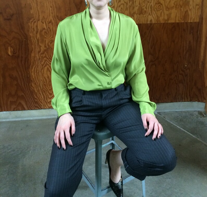 womens top minimalist deep v neckline plunging neckline 1990/'s blouse green shirt colorblock