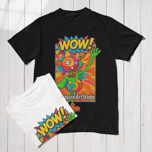 WOW Cartoon Art T-Shirt, Unisex-T-Shirt mit kräftiger Grafik, Schwarz-Weiß-Baumwollshirt, Streetwear für Künstler und Kreative, Lustiges Pop-Design