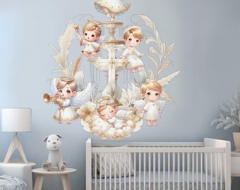 Baptism Wall Decal Christian Cross Wall Sticker Angel Wall Mural Christ Wallpaper Religious Wall Art Wall Decal For Nursery Kid Room Decor
