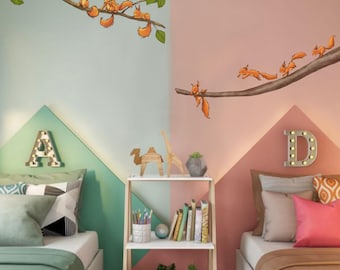 Squirrels on Branch Wall Decal, Forest Animal Nursery Decor