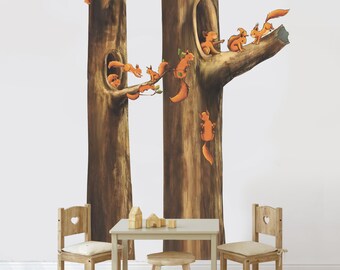 Squirrels on Branch Vinyl Wall Decal, Forest Nursery Decor