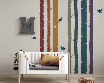 Vintage Color Pine Tree Wall Decal Colorful Tree Wall Sticker Forest Tree Wall Art For Nursery Room Living Room Decal Kid Room Decor