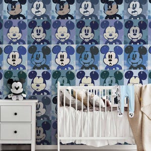 Vintage Mickey Wallpaper Blue Color Mickey Wall Decal Pop Art Wall Sticker Pop Mickey Wall Art For Nursery Room Decal Boy Room Decor