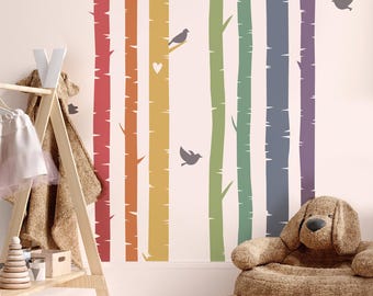 Pastel Color Pine Tree Wall Decal Colorful Tree Wall Sticker Forest Tree Wall Art For Nursery Room Living Room Decal Kid Room Decor