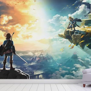 May include: A vibrant mural depicting a fantasy landscape with a character holding a sword and shield, standing on a rock. Another figure is on a cliff edge. The background features a sunset, mountains, and a castle.