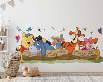 Classic Winnie The Pooh Wall Decal Winnie Hiding on Log Wall Sticker Wall Mural Tigger Wall Art For Nursery Room Wallpaper Child Wall Decor
