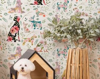 Colorful Dog Wallpaper Flora Pattern Dog Wall Decal Dog Lover Wall Sticker Pet Lover Wall Mural Classic Dog Pattern Wall Art For Pet Room