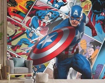 Sticker mural bande dessinée Captain America Sticker mural super-héros Avengers art mural papier peint pour garçon décoration de chambre salle de jeux décoration de chambre d'enfants