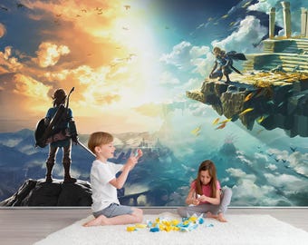 Puede incluir: Un mural vibrante que presenta un paisaje de fantasía con personajes, sobre un fondo de puesta de sol y cielo nublado. Dos niños juegan sobre una alfombra blanca frente al mural. El mural representa una escena de videojuego.