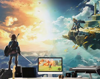Puede incluir: Una vibrante obra de arte digital con personajes de un videojuego, ambientada en un cielo dramático con un monitor de ordenador que muestra el juego. Un teclado y altavoces están en primer plano, lo que sugiere una configuración de juego. La obra de arte muestra una mezcla de fantasía y aventura.