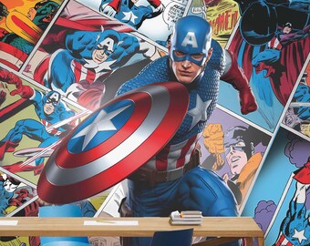 Comic Captain America Wall Decal Marvel Characters Wall Sticker Avengers Wall Art Wallpaper For Boy Room Decal Game Room Child Room Decal