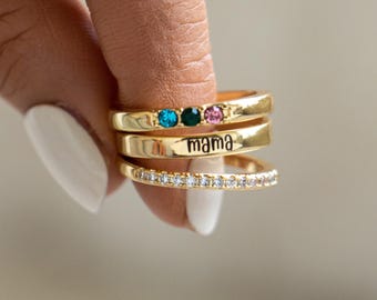 Mothers Name Birthstone Ring, Personalized 1-7 Family Birthstone Name Stacking Ring, Gift For Her, Mother's Day Gift For Mom