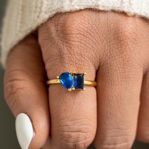 Personalized 2 Birthstone Silver Band, Toi et Moi Birthstone Gold Ring, Baguette & Pear Cut Promise Ring, Mother Ring, Birthday Gift for Mom