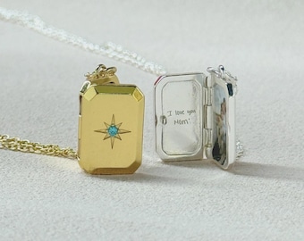 Collar con medallón de foto personalizado con piedra de nacimiento, colgante grabado personalizado, joyería de aniversario